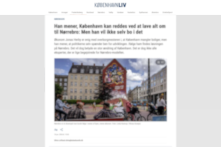 Skærmbillede af en KøbenhavnLiv-artikel om Nørrebro-modellen med et foto af en plads på Nørrebro.